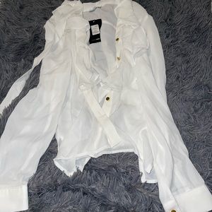 White Ruffle Blouse with tie collar